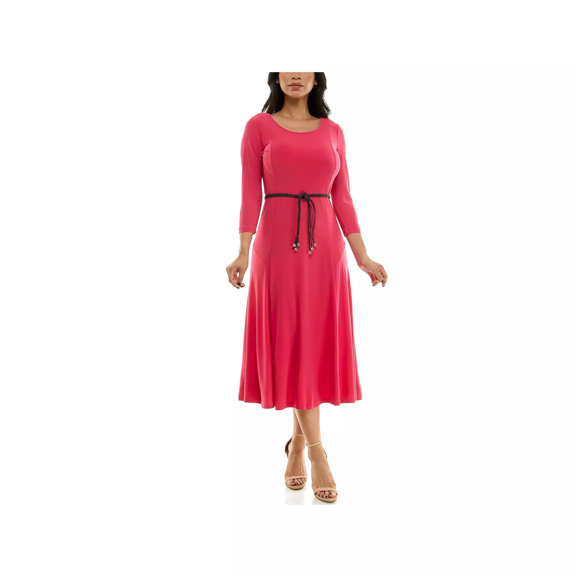 Women's Nina Leonard Sylvia Three-Quarter Sleeve Belted Midi Dress, Size: Large, Strawberry Jam Product Image