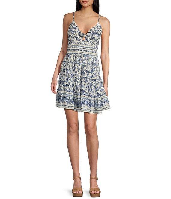 Angie Printed V-Neck Spaghetti Strap Twist Front Keyhole Tiered Dress Product Image