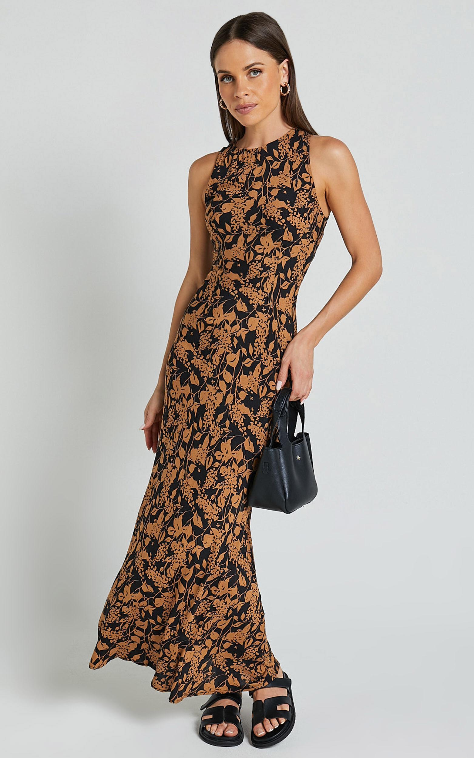 Francis Midi Dress - High Neck Slip Dress in Brown Floral Product Image