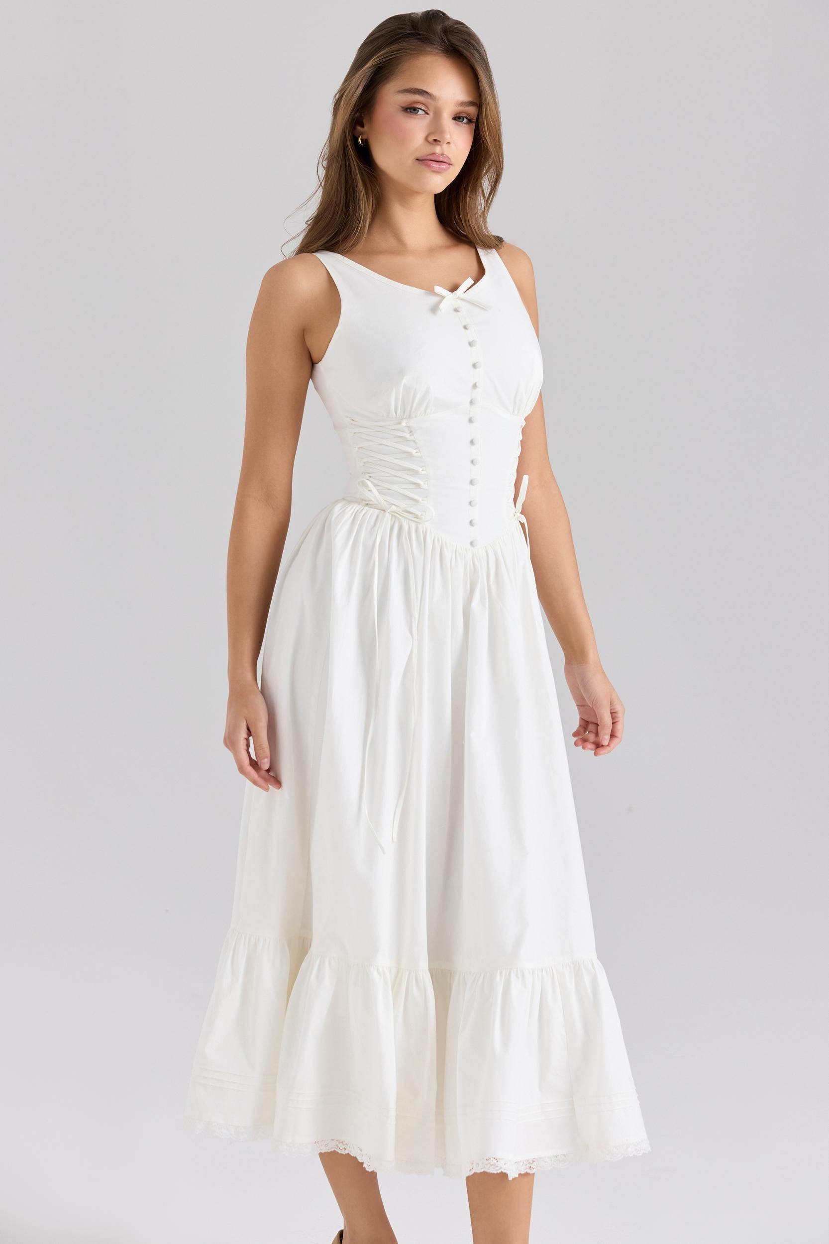 Sienna  white stretch cotton lace up midi dress Product Image