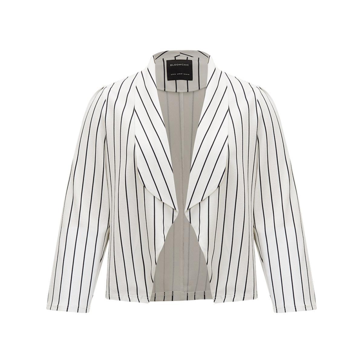 Plus Size Striped Lapel Collar Open Front Blazer White Women Work Striped Asymmetrical Sleeve Long Sleeve Lapel Collar 26/4X At the Office Blazers BloomChic Product Image