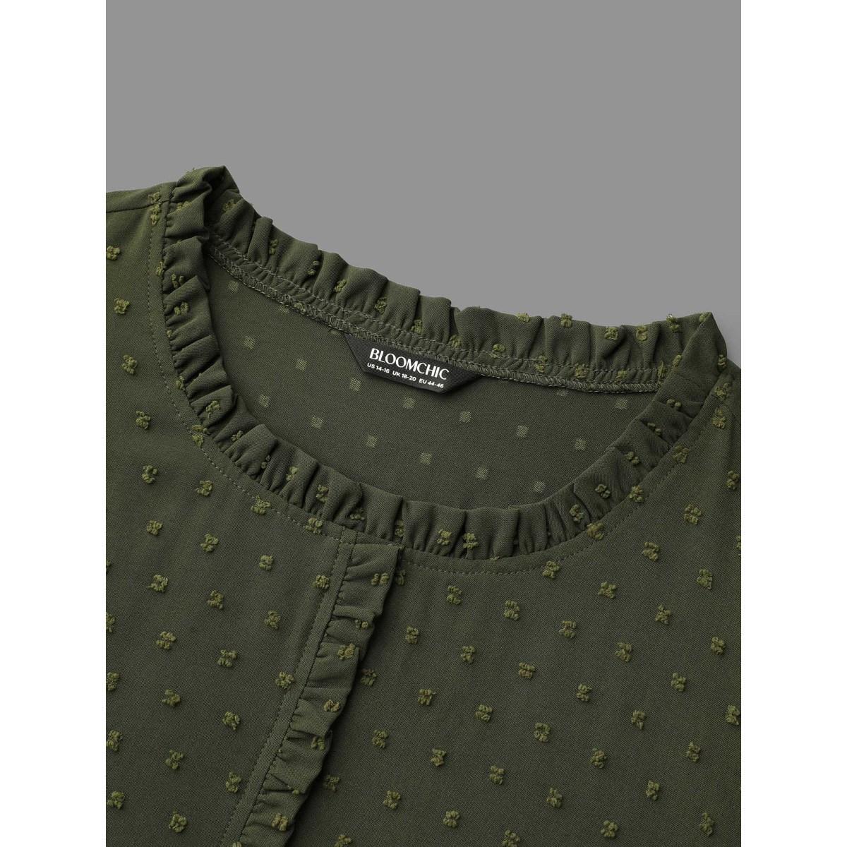 Plus Size Textured Waist-Tie Ruffled Edges Dress ArmyGreen Women Elegant Texture Round Neck Long Sleeve Curvy BloomChic 14-16/1X Product Image