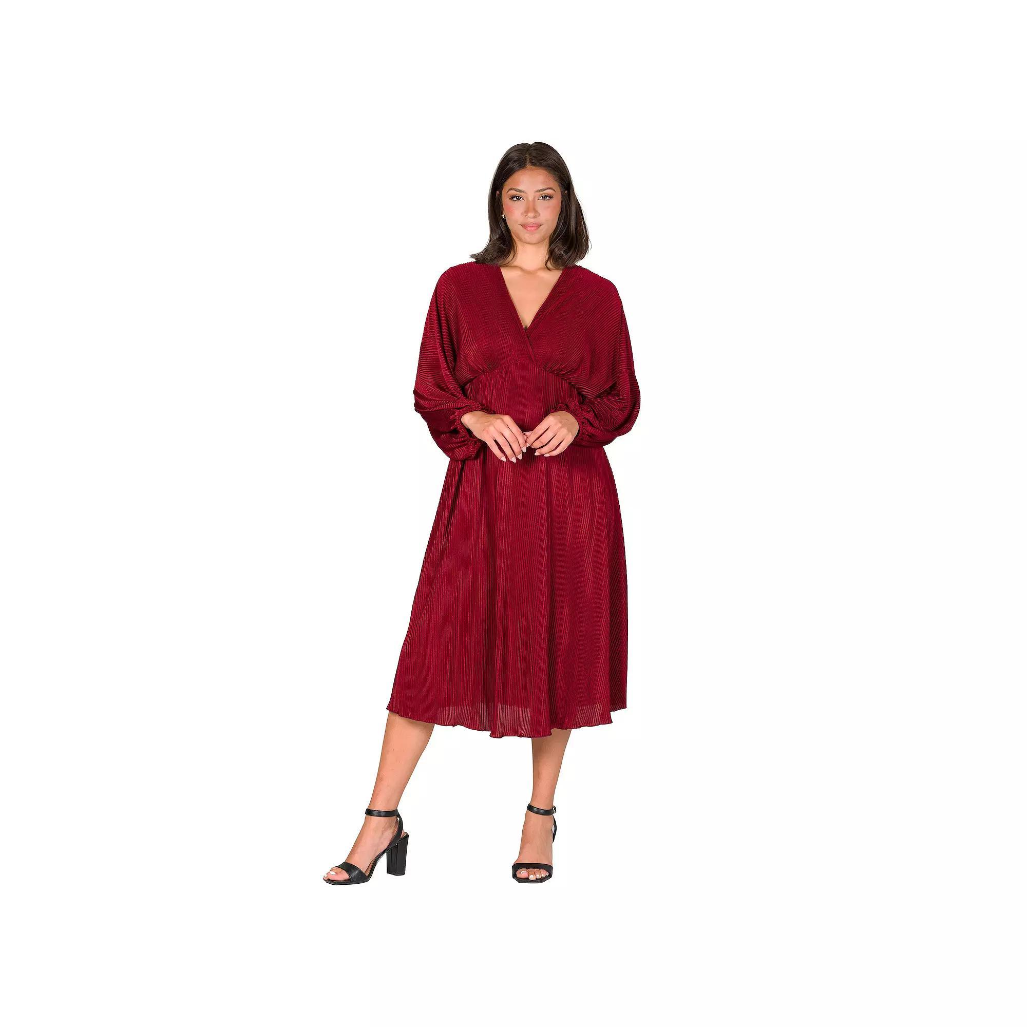 Women's 24Seven Comfort Apparel V-Neck Empire Waist Bishop Sleeve Midi Dress, Size: 1XL, Red Product Image