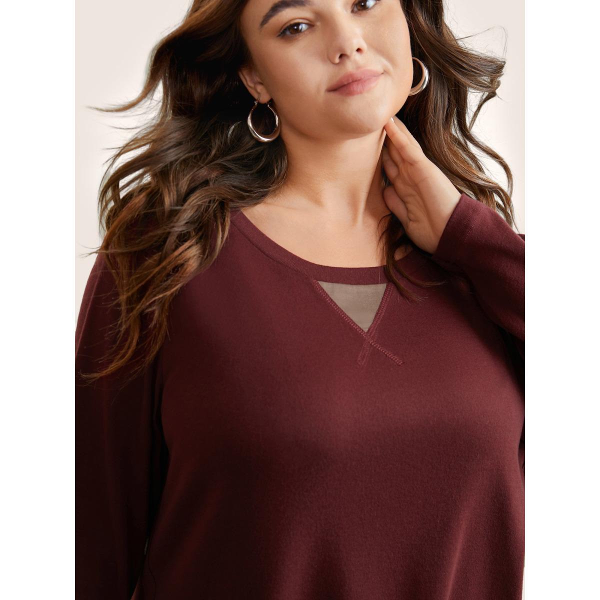 Plus Size Two Tone Patchwork Button Front T-shirt Burgundy Women Casual Contrast Plain Round Neck Dailywear T-shirts BloomChic 26/4X Product Image