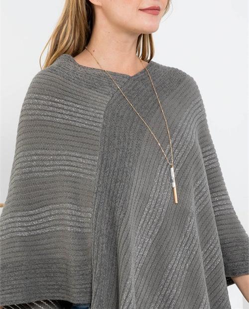 Knitted Fringe Striped Gray Poncho Product Image