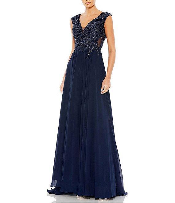 Mac Duggal Beaded Applique Bodice V-Neck Sleeveless A-Line Gown Product Image