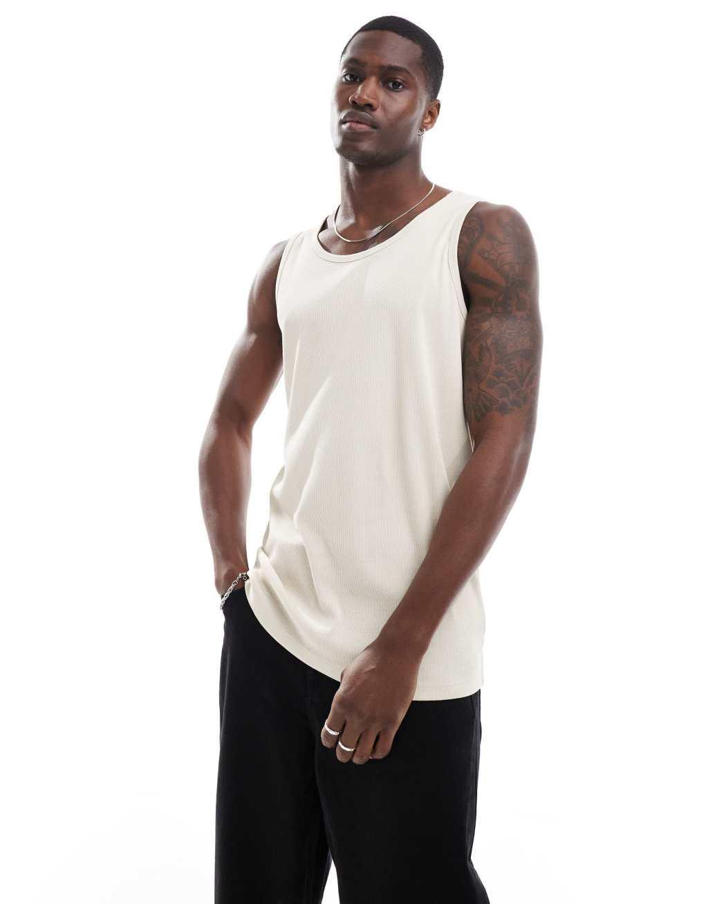 Brave Soul ribbed classic tank in light stone Product Image