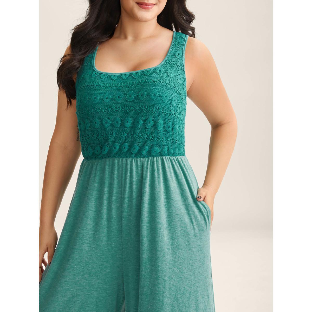 Plus Size Emerald Textured Bodice Spliced Pockets Jumpsuit Women Sleeveless Square Neck Everyday-Casual Loose Jumpsuits BloomChic 12/L Product Image