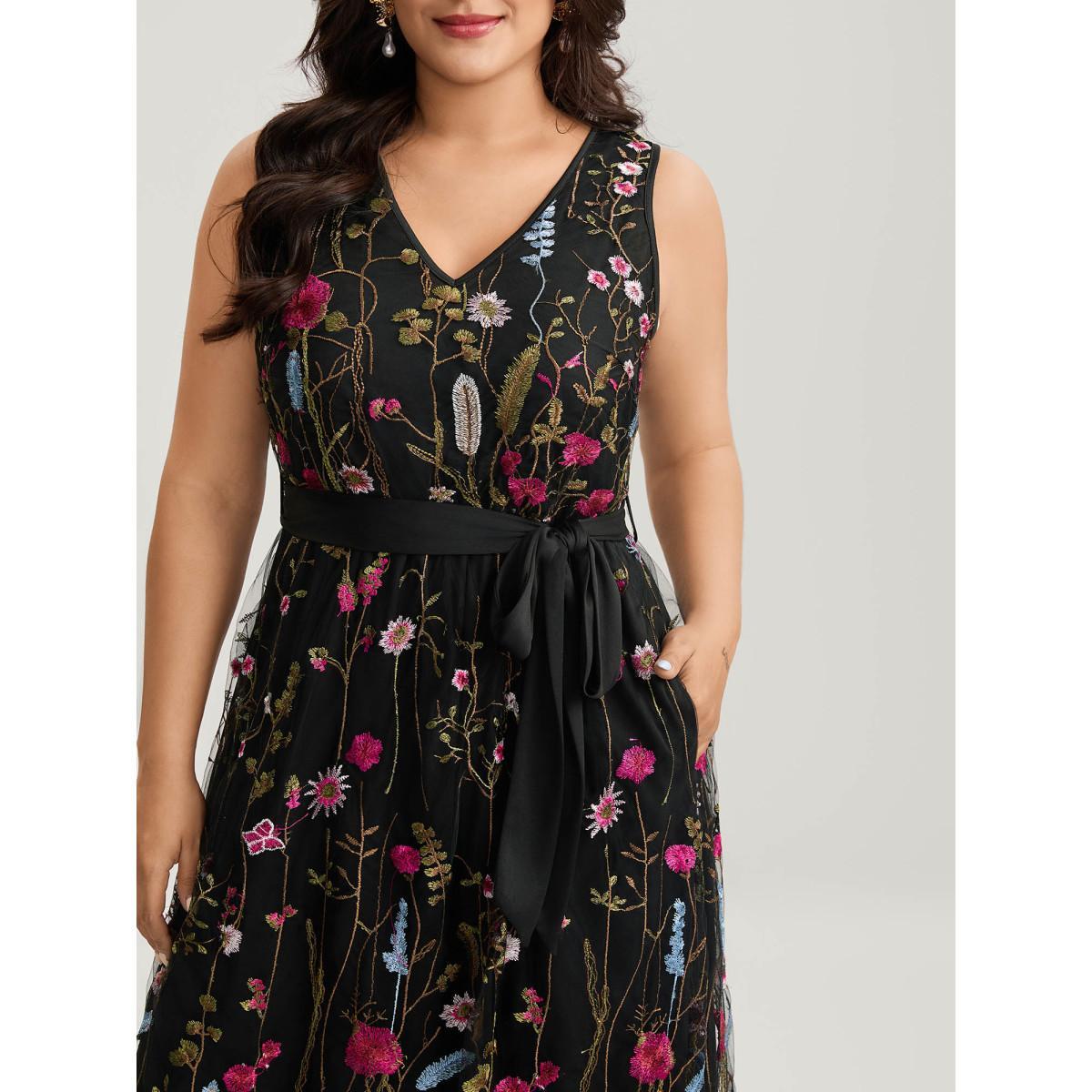 Plus Size Floral Embroidery Belted Midi Dress Black Women V-neck Sleeveless Curvy BloomChic 28/5X Product Image