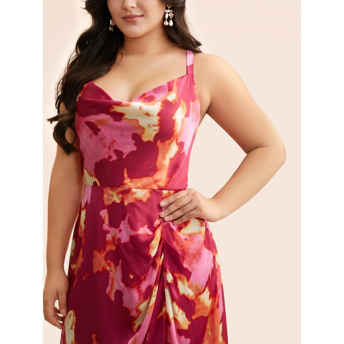 Plus Size Colorblock Contrast Shirred Pleated Dress RedViolet Women Formal Gathered Cowl Neck Sleeveless Curvy BloomChic 10/M Product Image