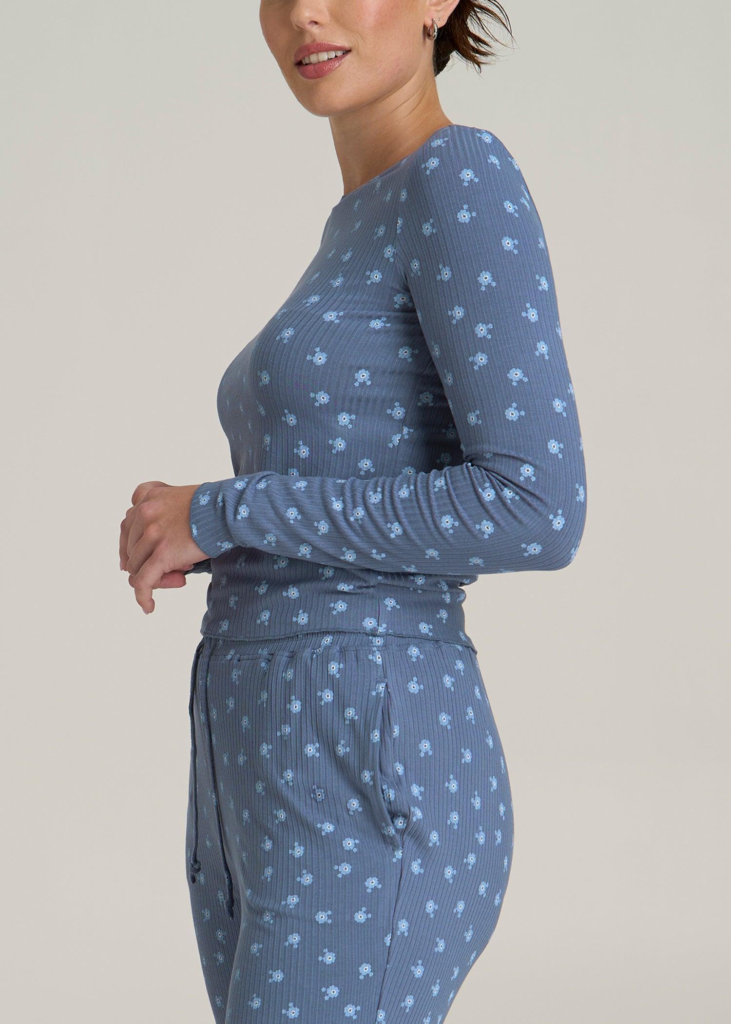 Lightweight Ribbed Cropped Lounge Shirt for Tall Women in Vintage Indigo Floral Product Image