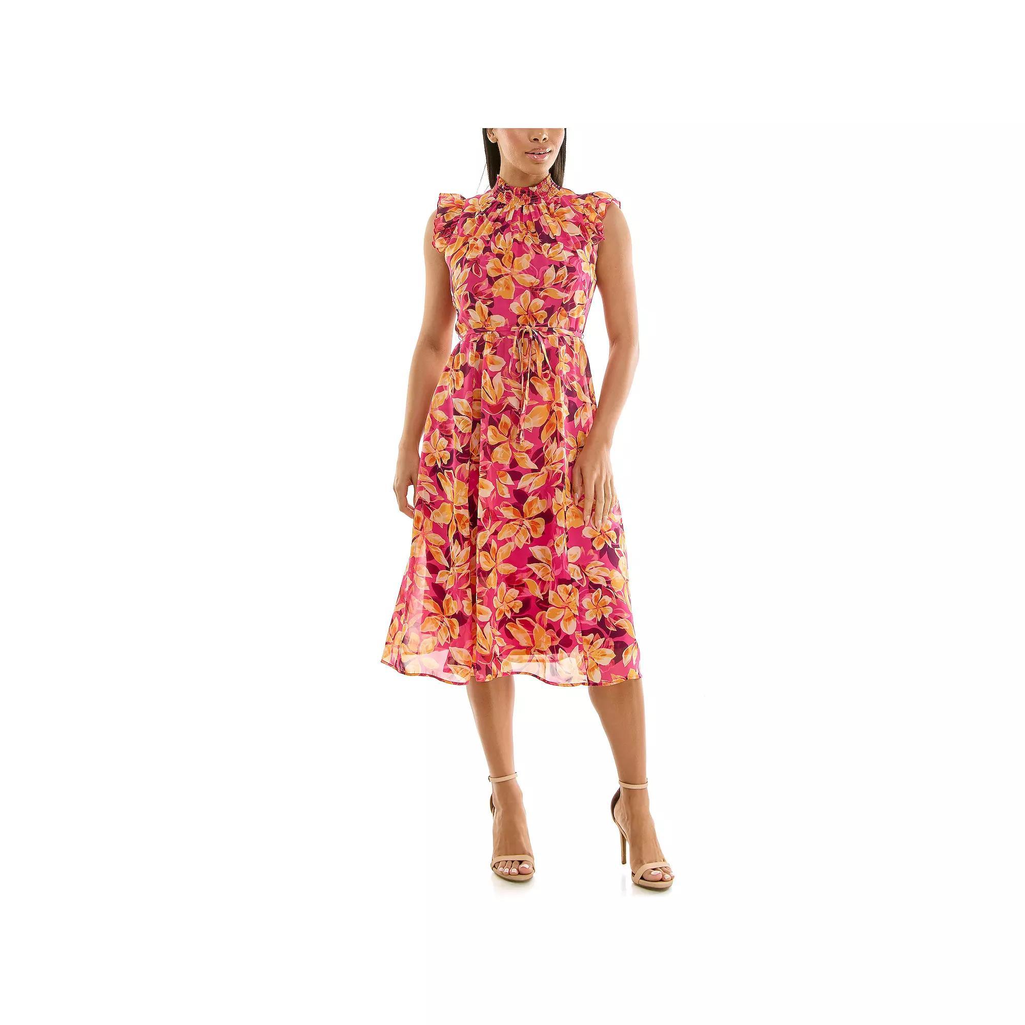 Womens Nina Leonard Smocked Flutter Sleeve Print Dress Product Image