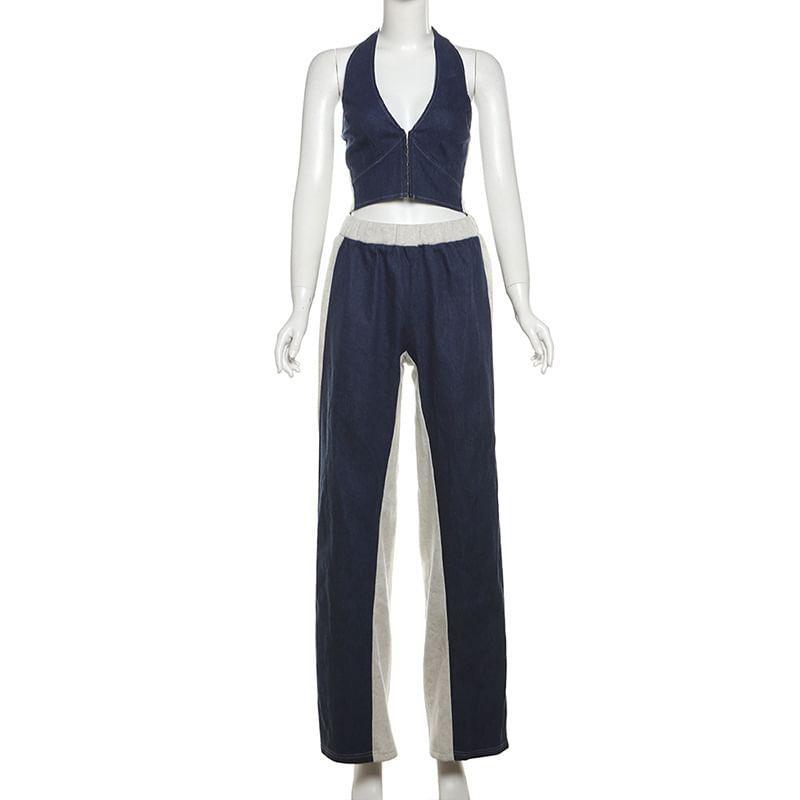 Set: Halter-Neck Washed Crop Denim Top + Low Rise Wide Leg Pants Product Image