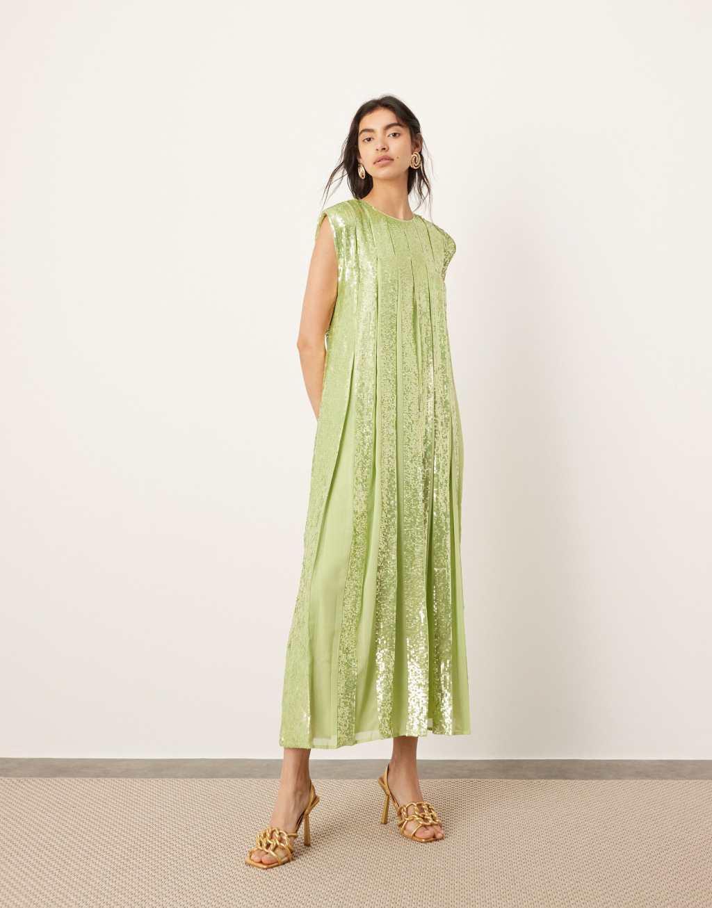 ASOS EDITION embellished allover sequin pleat maxi dress in green Product Image