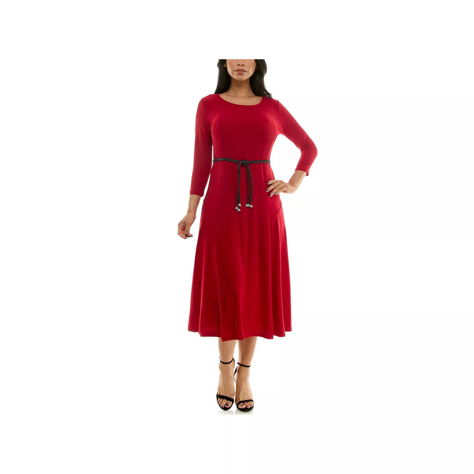 Women's Nina Leonard Sylvia Three-Quarter Sleeve Belted Midi Dress, Size: XL, Red Product Image