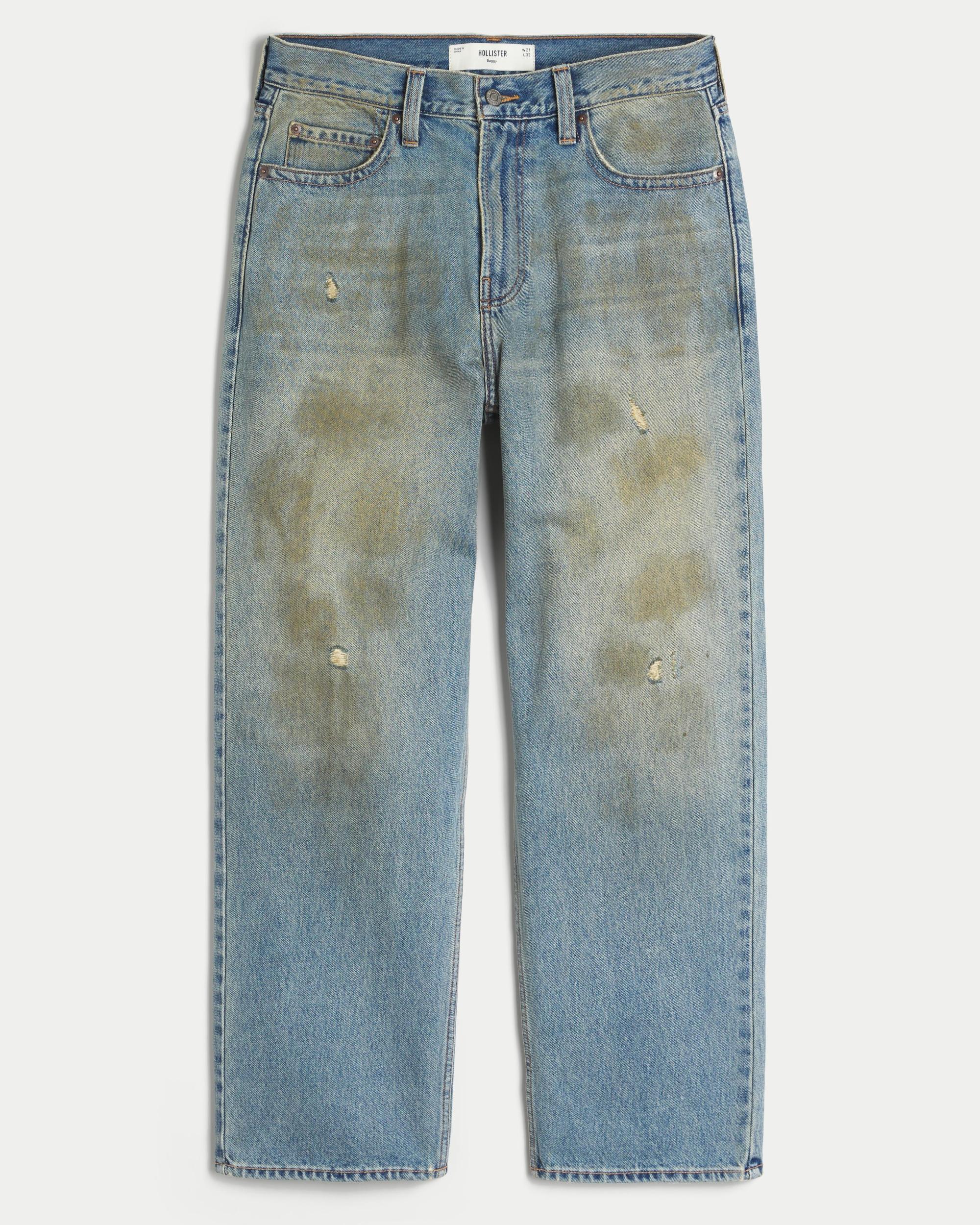 Distressed Greased Medium Wash Baggy Jeans Product Image