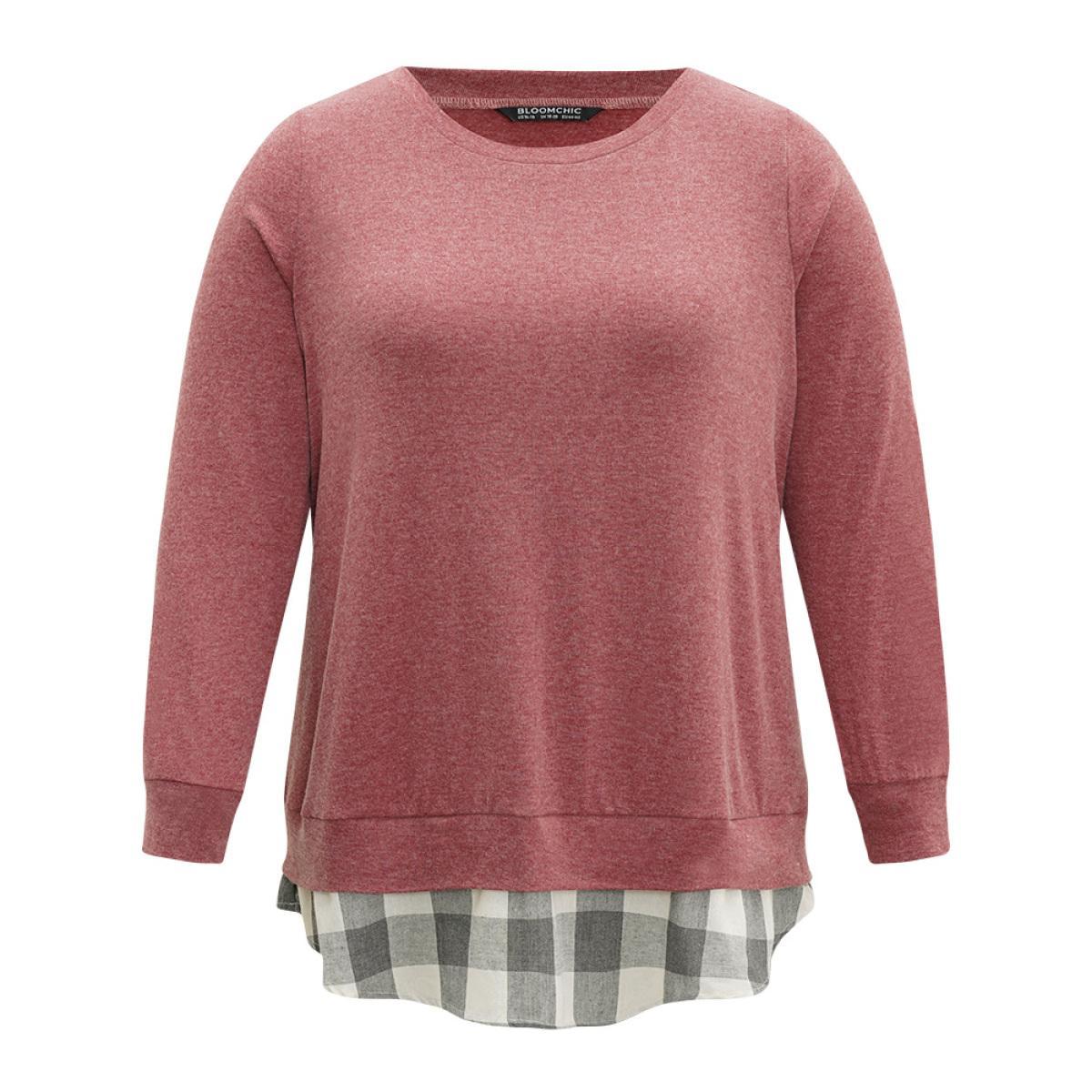 Plus Size Heather Plaid Patchwork Crew Neck T-shirt Russet Women Casual Heather Plaid Round Neck Everyday T-shirts BloomChic 12/L Product Image