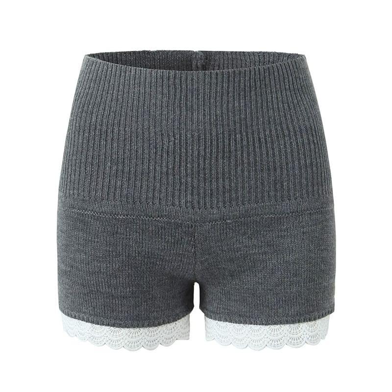 V-Neck Plain Lace Trim Cardigan / High Waist Knit Hot Pants Product Image