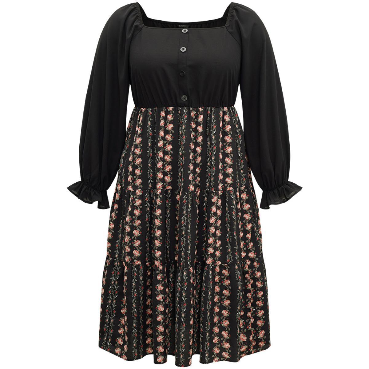 Plus Size Floral Ruffle Layered Hem Square Neck Dress Black Women Office Elastic cuffs Square Neck Long Sleeve Curvy Midi Dress BloomChic 10/M Product Image