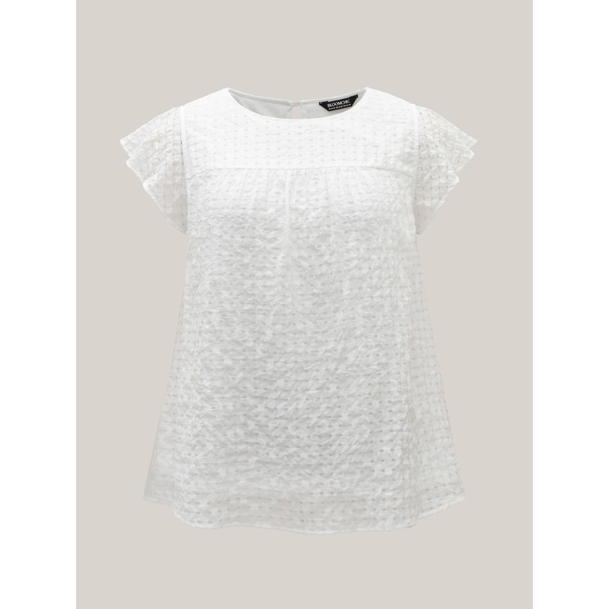 Plus Size WhiteSmoke Textured Sheer Lined Flutter Sleeve Blouse Women Cap Sleeve Round Neck Everyday-Casual Blouses BloomChic 14-16/1X Product Image