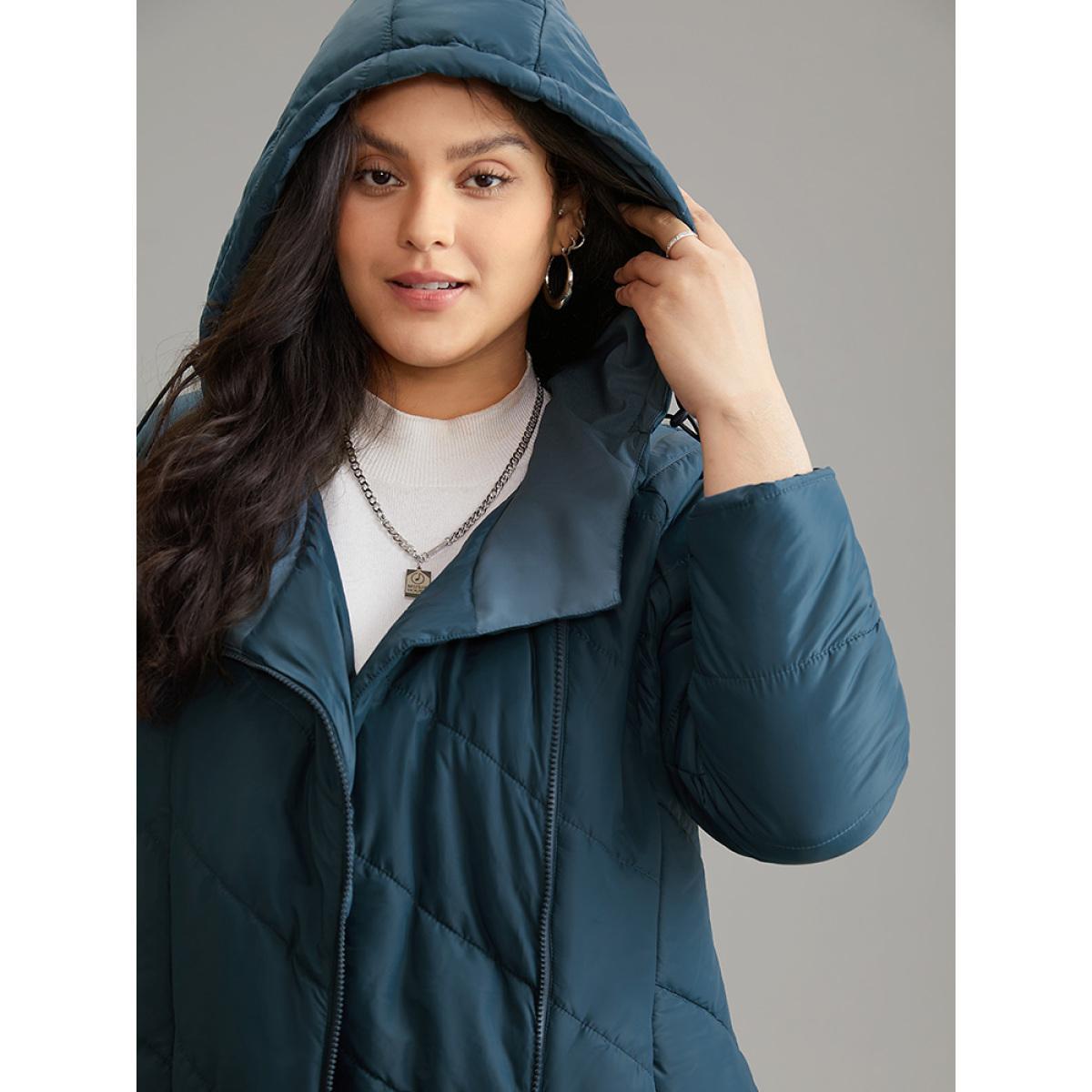 Plus Size Plain Drawstring Padded Zipper Pocket Hooded Jacket Women Blue Lined Pocket Dailywear Jackets BloomChic 30/6X Product Image