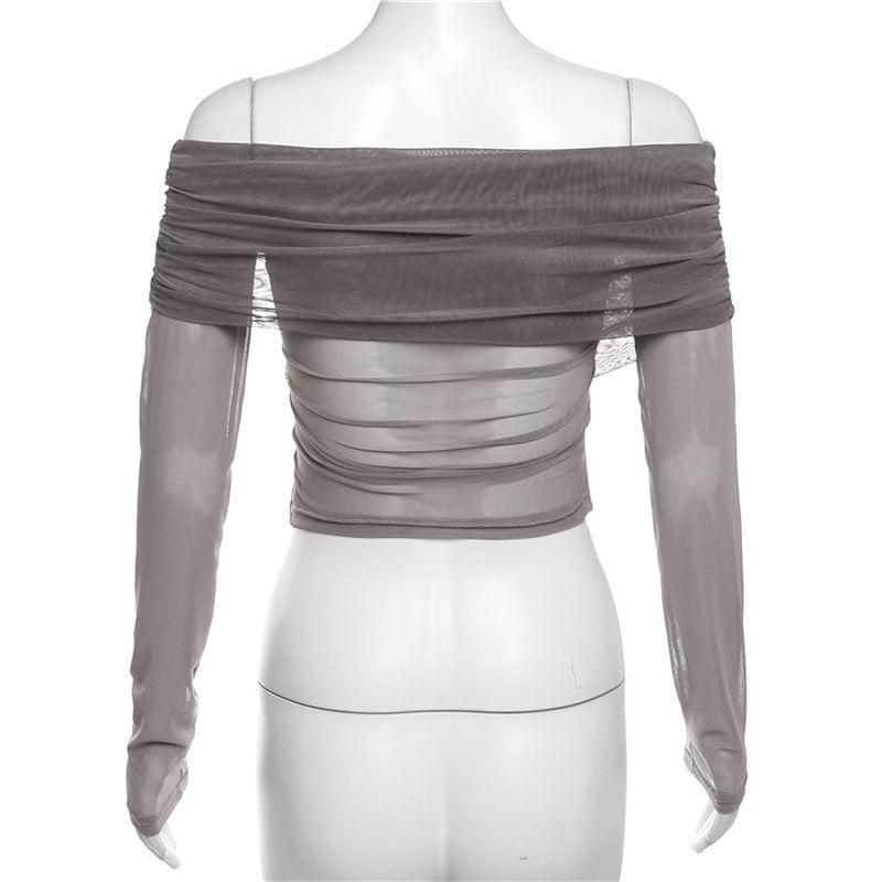 Off Shoulder Long Sleeve Plain Ruched Mesh Panel Crop Top Product Image