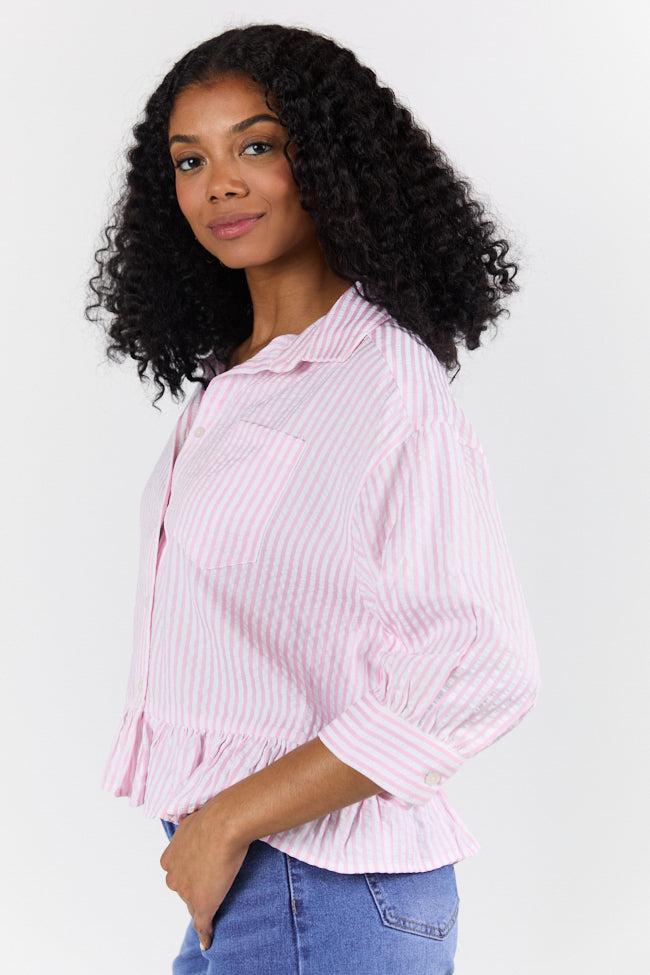 In Depth Pink Ruffle Hem Textured Stripe Button Down Top SALE Product Image