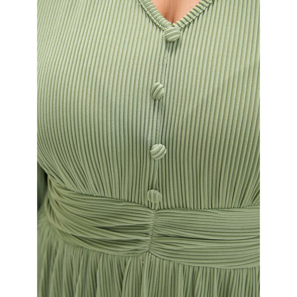 Plus Size Plain Button Detail Pocket Ruched Rib Knit Flutter Dress Moss Women Elegant Plain V-neck Long Sleeve Curvy Midi Dress BloomChic 14-16/1X Product Image