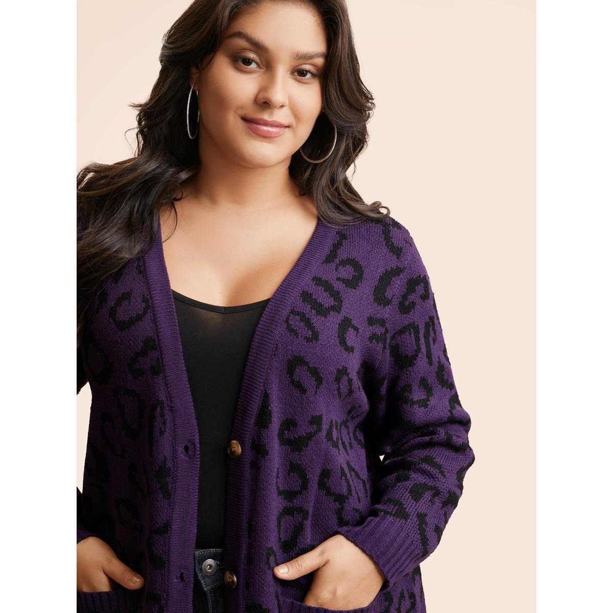 Plus Size Leopard Print Patched Pocket Cardigan Eggplant Women Casual Loose Long Sleeve Everyday Cardigans BloomChic 14-16/1X Product Image