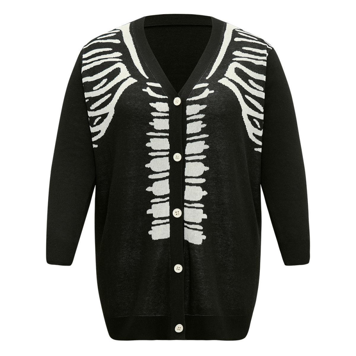 Plus Size Halloween Skull Print Slightly Stretchy Cardigan Black Women Casual Loose Long Sleeve Festival-Halloween Cardigans BloomChic 14-16/1X Product Image