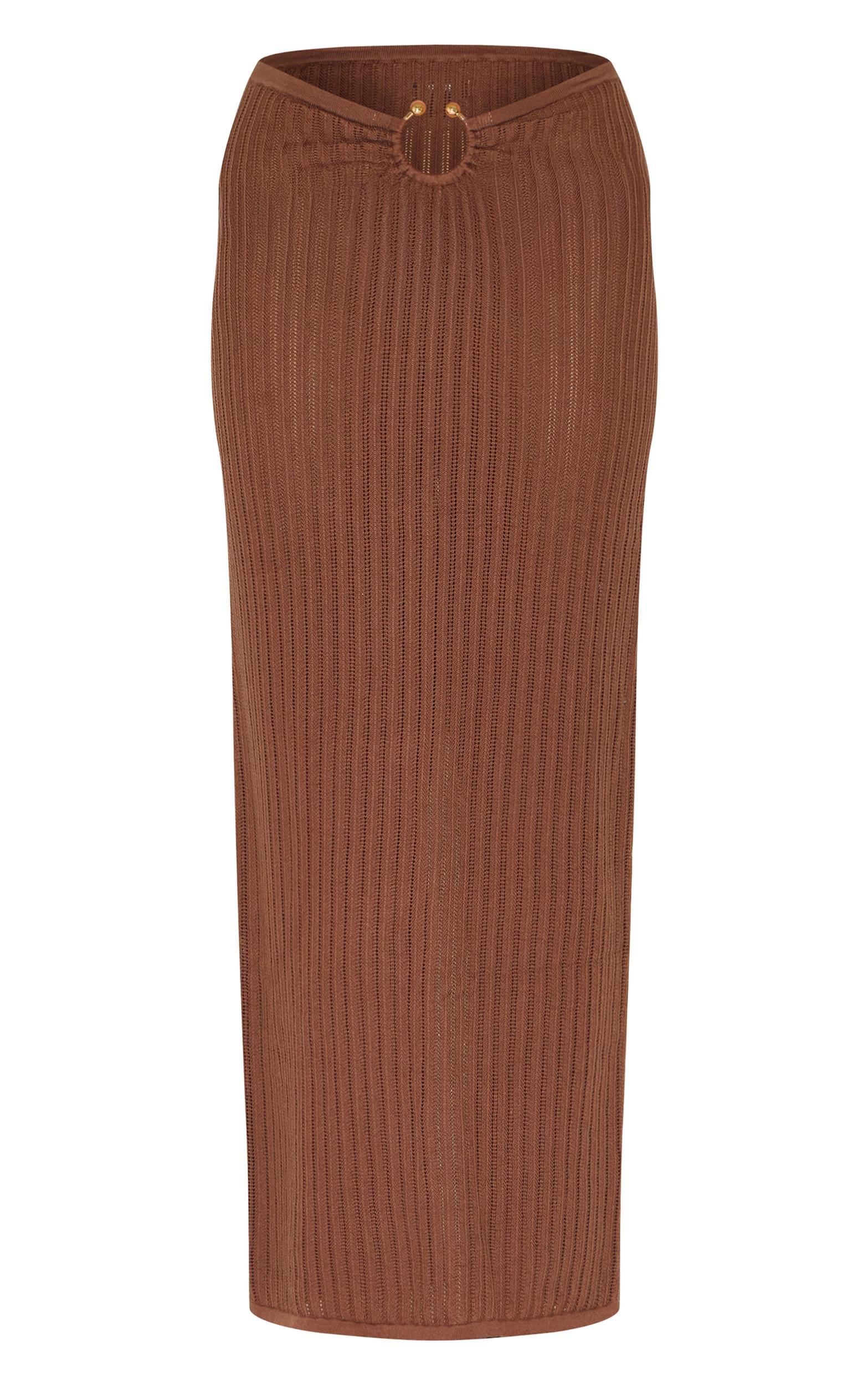 Mocha Pointelle Knit Trim Split Maxi Skirt Product Image