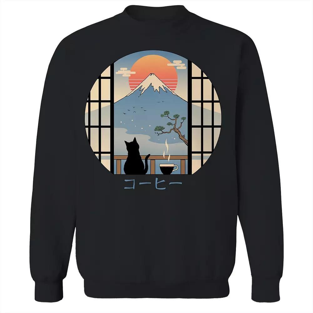 Junior's Coffee Cat in Mt. Fuji Graphic Fleece Sweatshirt, Women's, Size: Small, Black Product Image