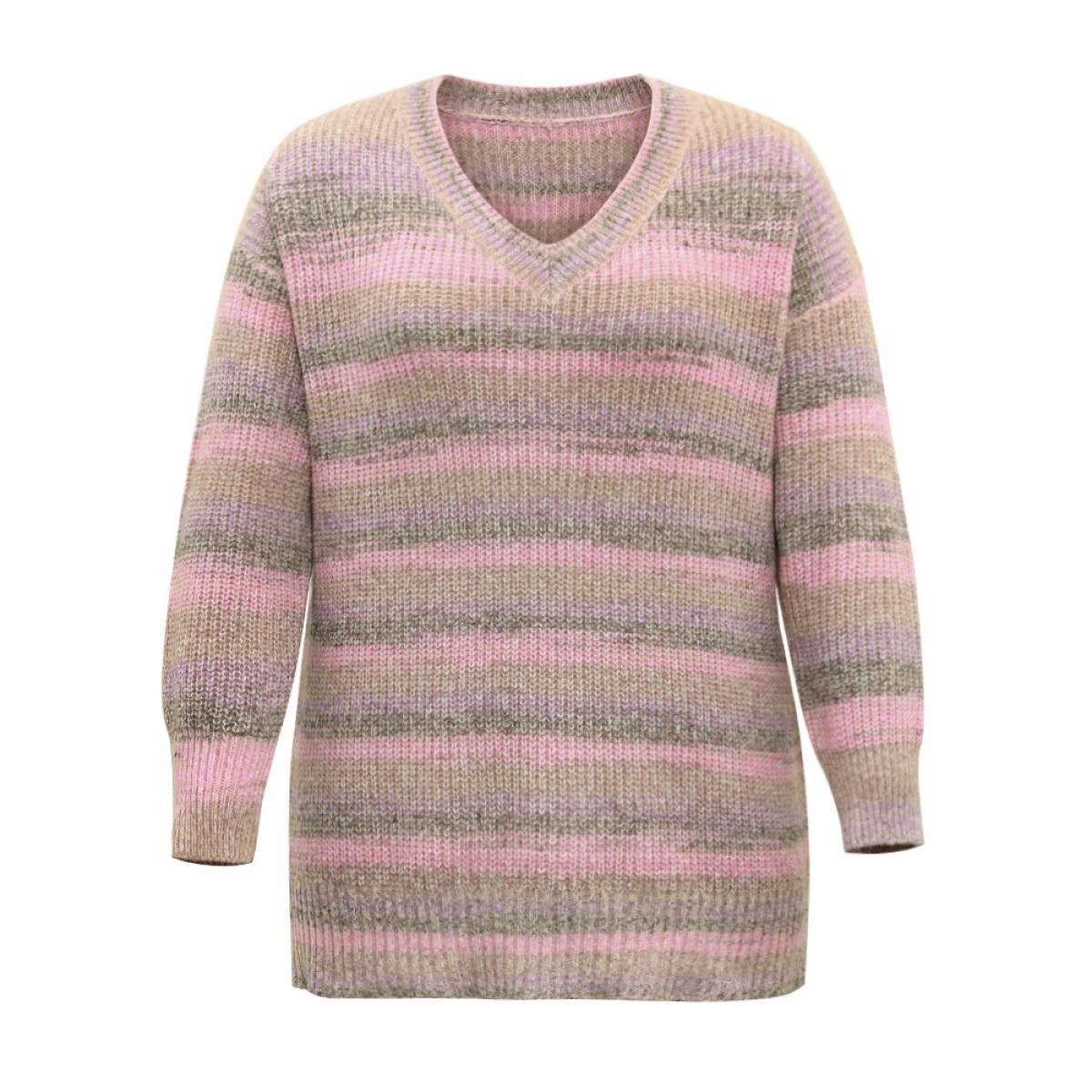 Plus Size Colorblock Ombre Heather Loose V Neck Pullover Multicolor Women Casual Loose Long Sleeve V-neck Everyday Pullovers BloomChic 22-24/3X Product Image