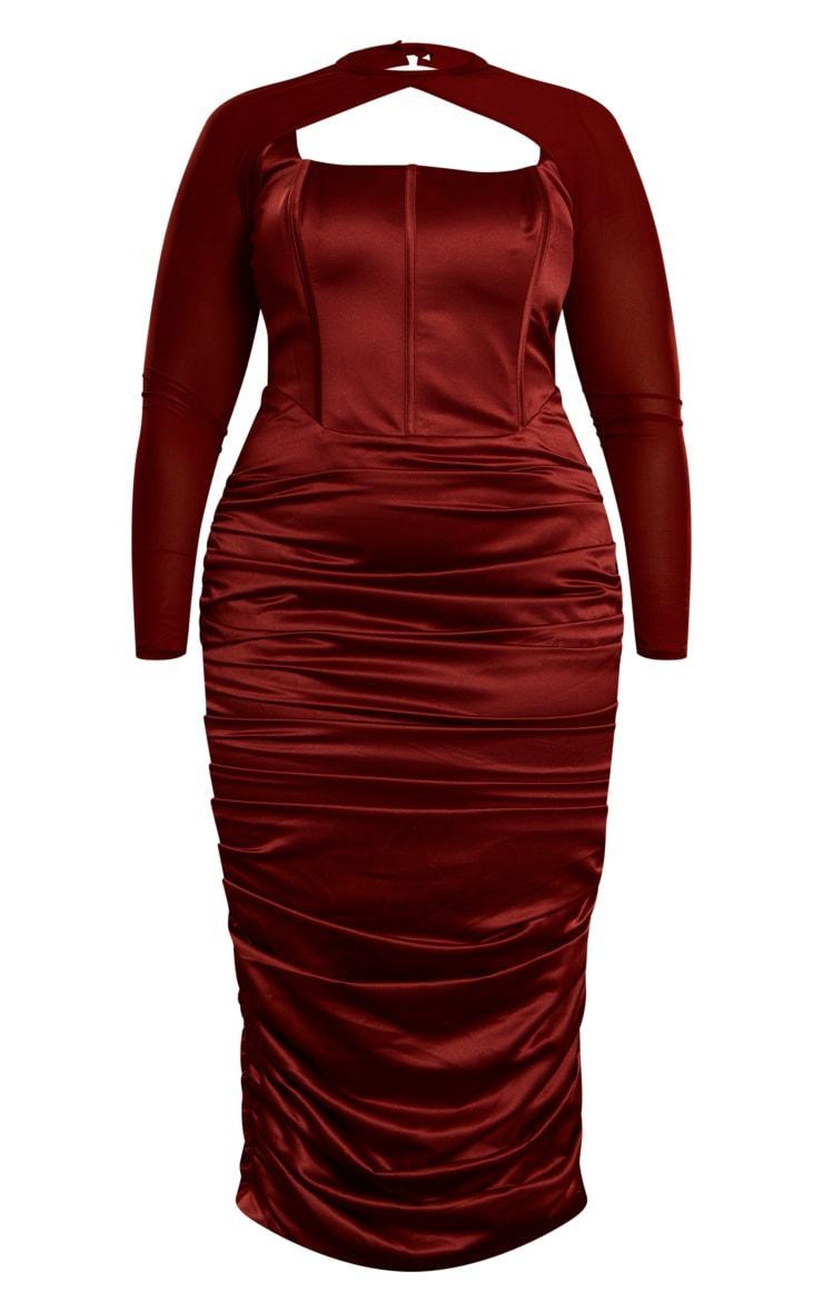  Plus Cherry Red Constructed Satin Mesh Sleeve Ruched Midi Dress Product Image