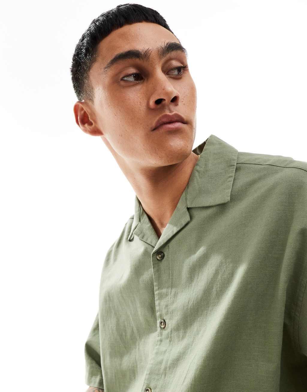 ASOS DESIGN boxy oversized linen look shirt with camp collar in green Product Image