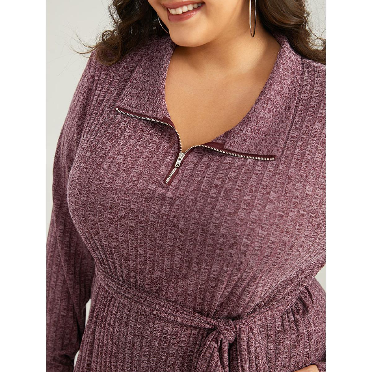 Plus Size Solid Belted Rib Knit Half Zipper Dress Scarlet Women Casual Texture Lapel Collar Long Sleeve Curvy Midi Dress BloomChic 28/5X Product Image
