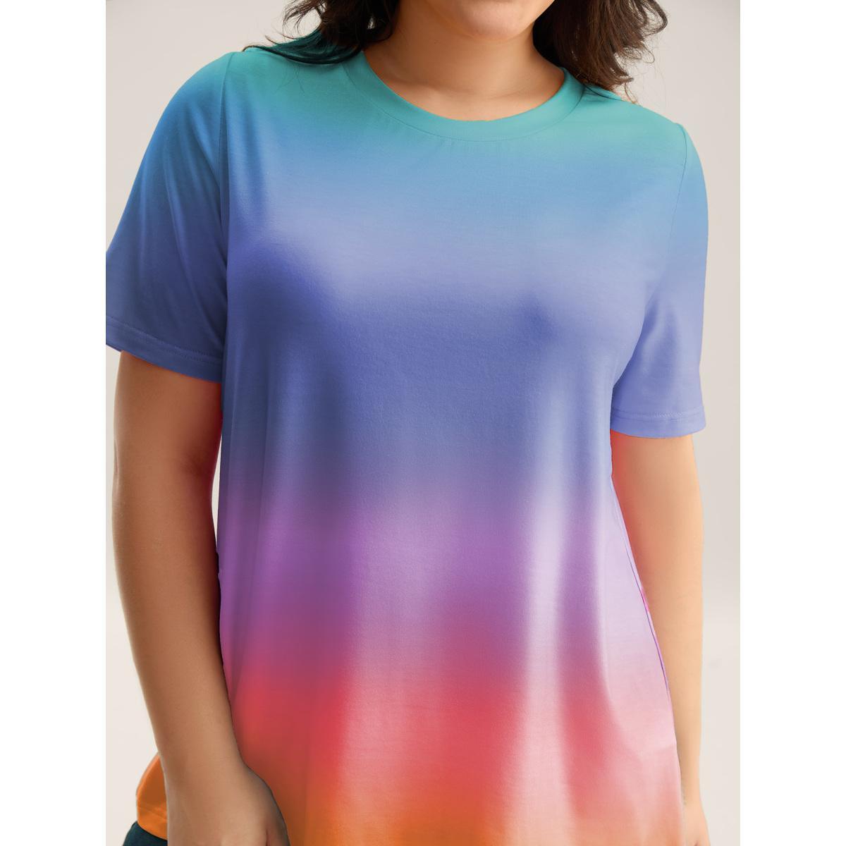 Plus Size Ombre Gradient Crew Neck Curvy T-Shirt Mint Women Non Round Neck Everyday-Casual T-shirts BloomChic 22-24/3X Product Image