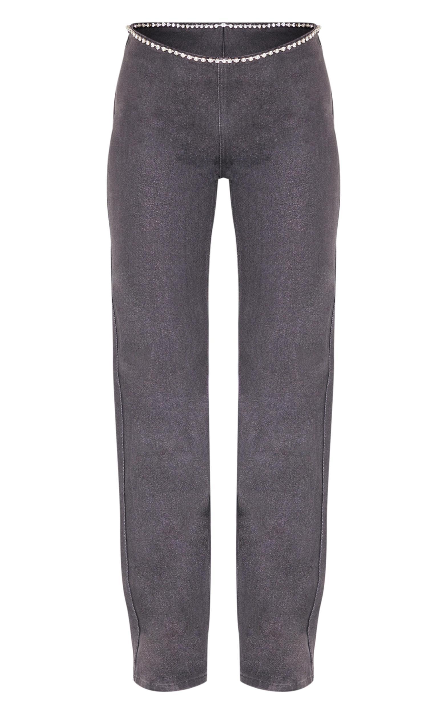 Washed Grey Silver Diamante Trim Dipped Waist Jeans Product Image