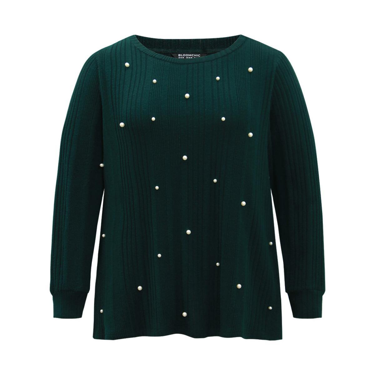 Plus Size Plain Rib Knit Pearl Beaded Sweatshirt Women DarkGreen Elegant Texture Round Neck Dailywear Sweatshirts BloomChic 28/5X Product Image