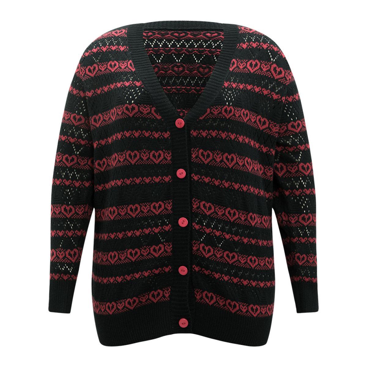 Plus Size Heart Graphic Button Through Eyelet Cardigan Scarlet Women Casual Loose Long Sleeve Dailywear Cardigans BloomChic 22-24/3X Product Image