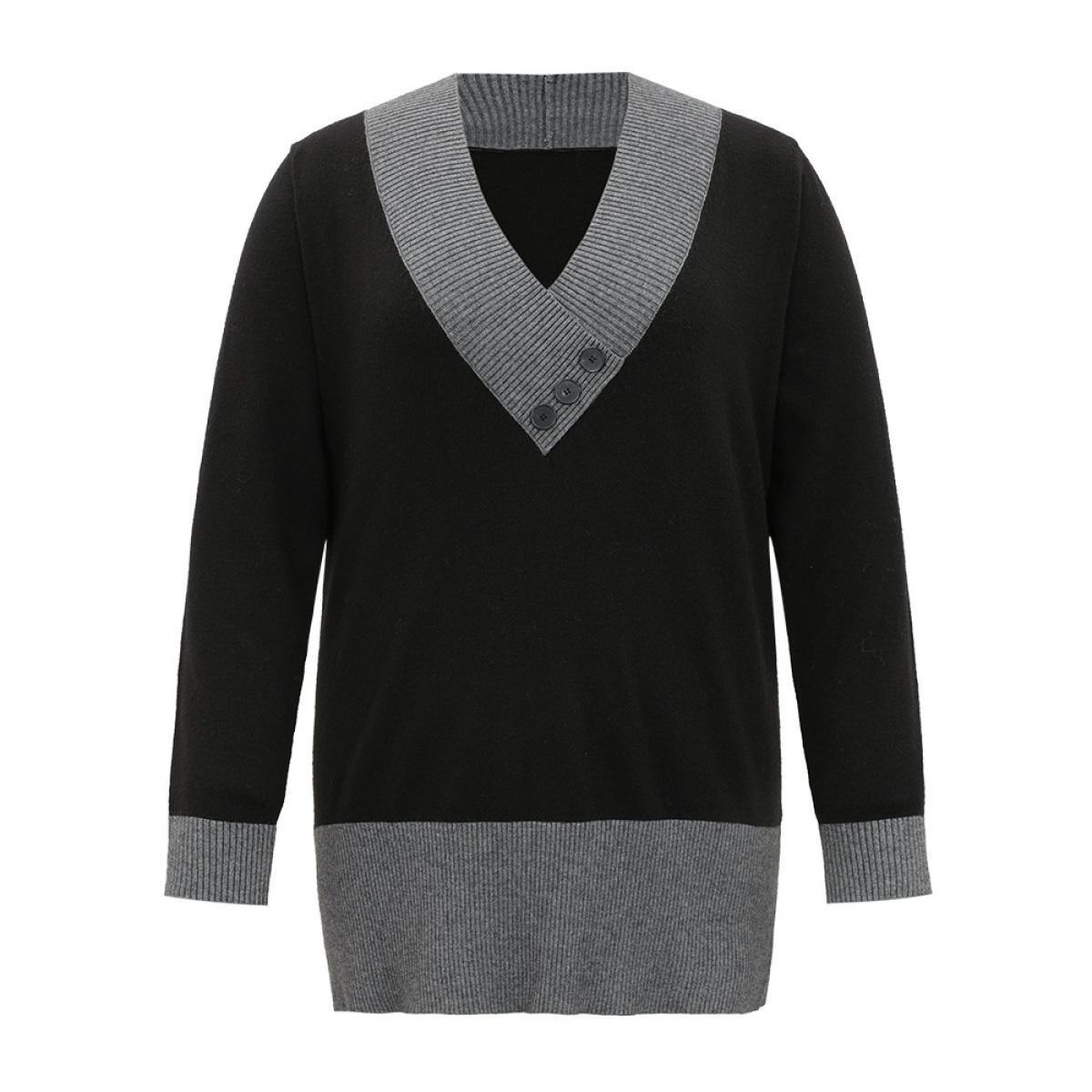 Plus Size Supersoft Essentials Contrast Deep V Neck Button Detail Pullover Black Women Casual Long Sleeve Deep V-neck Everyday Pullovers BloomChic 30/6X Product Image