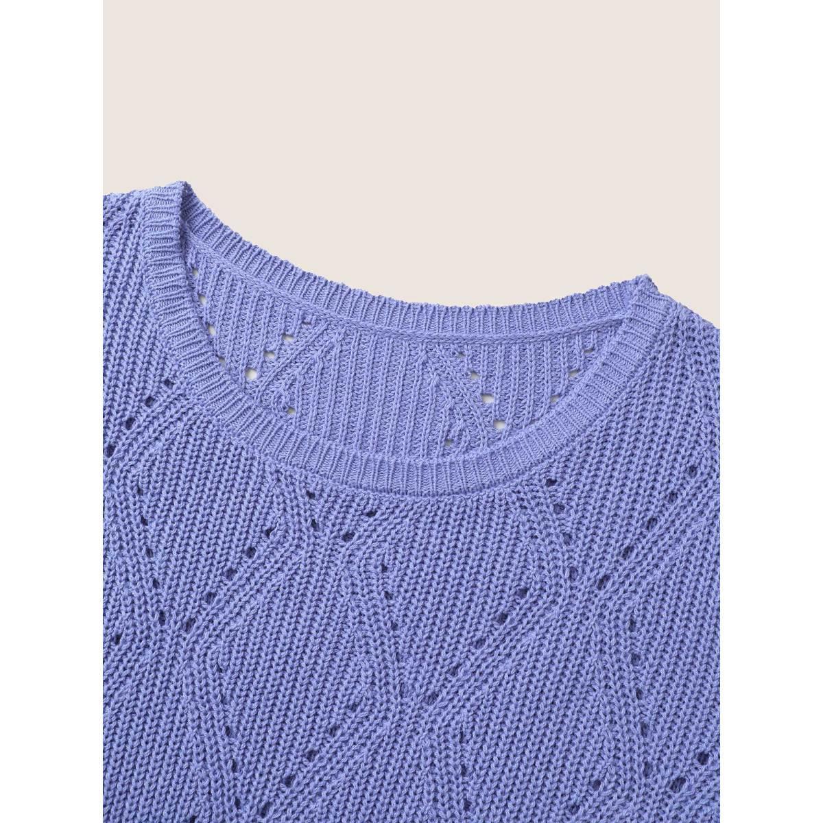 Plus Size Cotton Blended Geometric Hollow Out Pullover BlueViolet Women Casual Elbow-length sleeve Round Neck Everyday Pullovers BloomChic 12/L Product Image