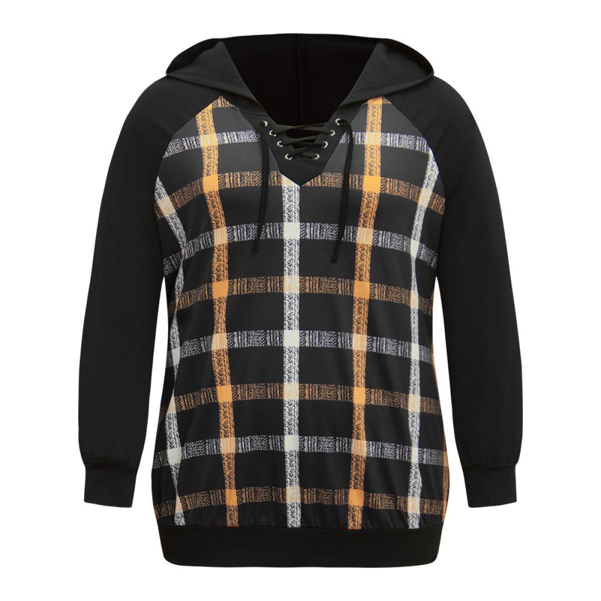 Plus Size Plaid Contrast Raglan Sleeve Lace Up Hooded Sweatshirt Women Black Casual Contrast Hooded Dailywear Sweatshirts BloomChic 26/4X Product Image
