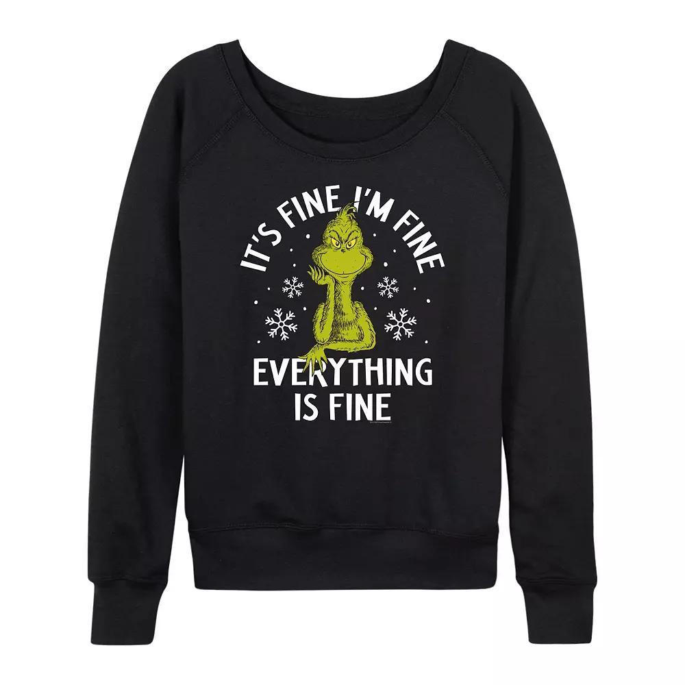 Women's Dr. Seuss Grinch It's Fine I'm Fine French Terry Long Sleeve Tee, Size: Large, Black Product Image