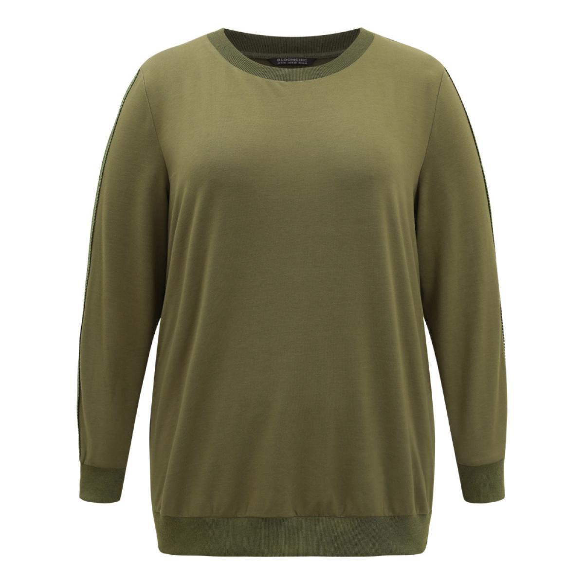 Plus Size Guipure Lace Solid Elastic Hem Sweatshirt Women Olive Elegant Rib Knit Round Neck Dailywear Sweatshirts BloomChic 26/4X Product Image