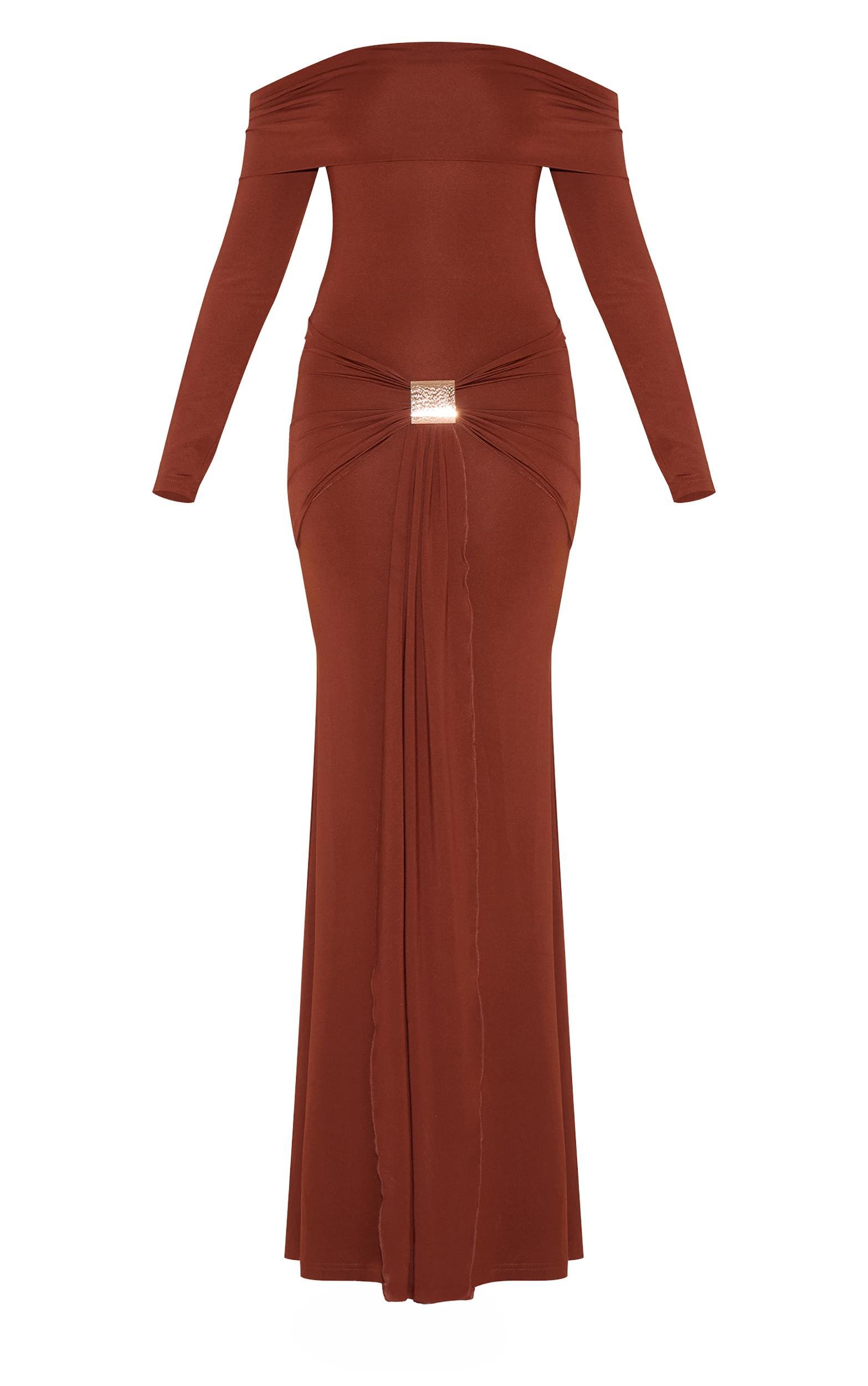  Chocolate Bardot Long Sleeve Trim Drape Detail Maxi Dress Product Image