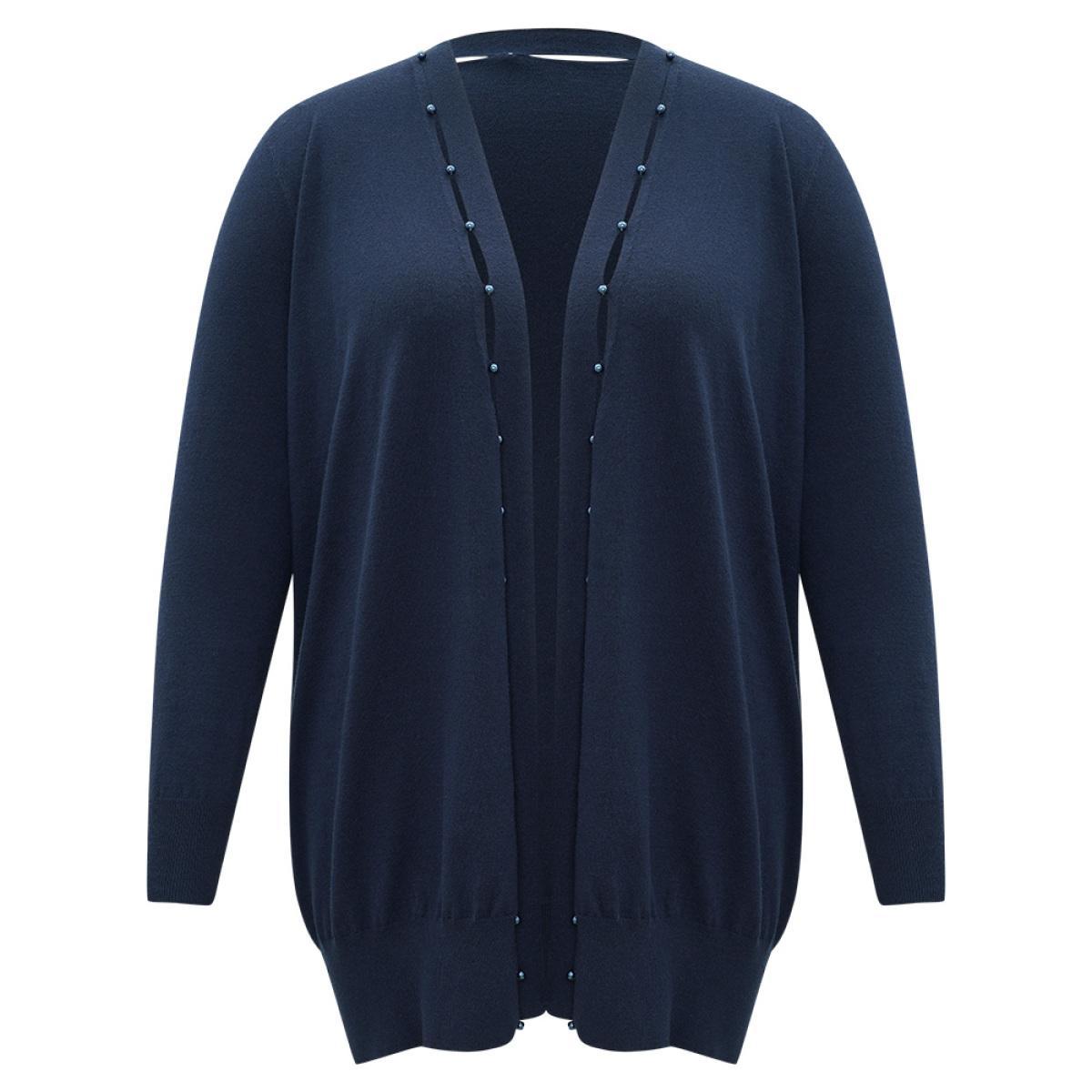 Plus Size Supersoft Essentials Plain Hollow Out Pearl Beaded Open Front Cardigan Indigo Women Casual Loose Long Sleeve Dailywear Cardigans BloomChic 14-16/1X Product Image