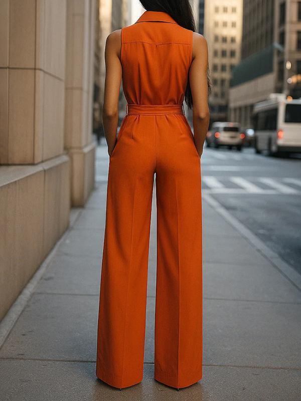 High Waisted Sleeveless Buttoned Pockets Tied Waist Lapel Jumpsuits Product Image