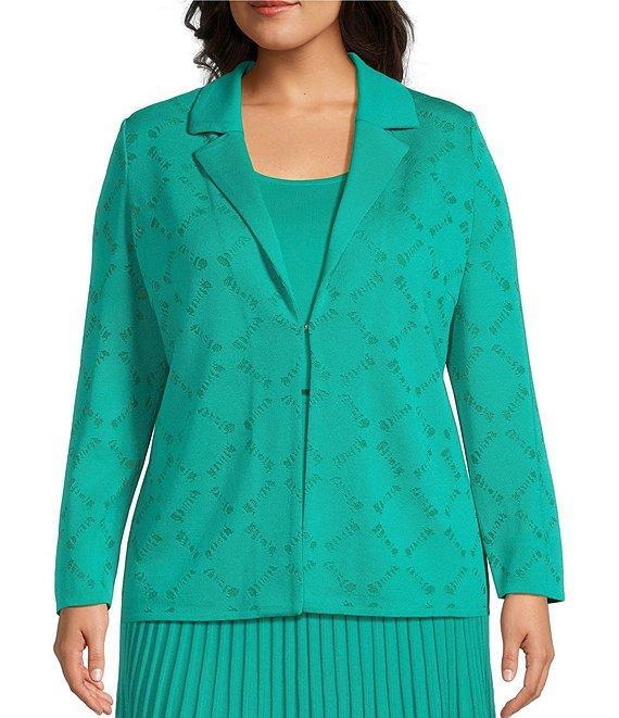 Ming Wang Plus Soft Knit Burnout Notch Lapel Long Sleeve Jacket Product Image
