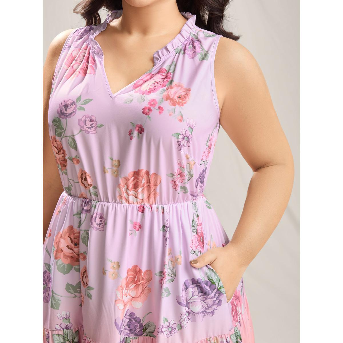 Plus Size Floral Print Pockets Gradient Maxi Dress Blush Women Notched collar Sleeveless Curvy BloomChic 14-16/1X Product Image